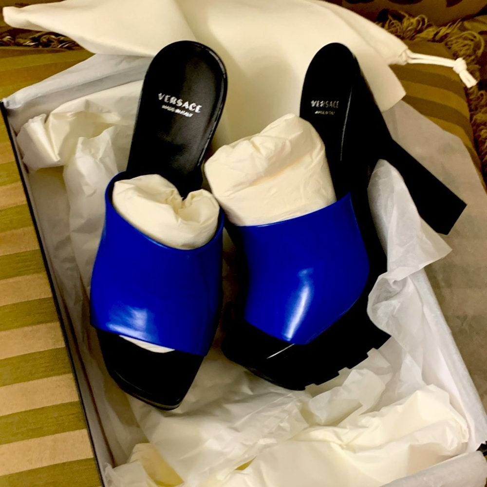 Versace Blue and Black Heeled Mules